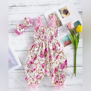 Adorable Pink Floral Romper with Ruffled Shoulder Straps and Headband